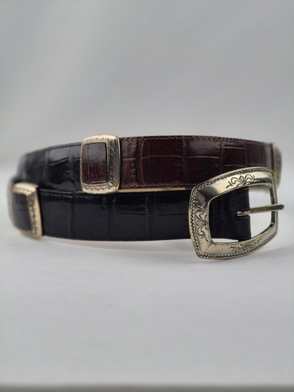 Vintage Brighton Black Brown Croc Embossed Leather Belt Western Buckle Cowgirl
